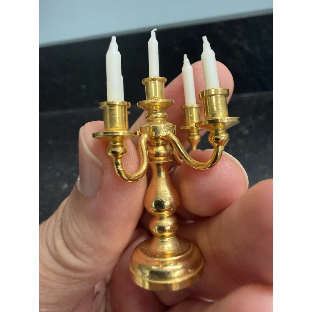 Vintage Solid Brass Dollhouse Miniature 5 Arm Candelabra Real Wax Candles 2